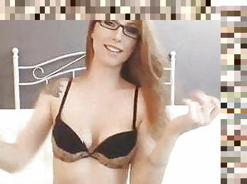 lunettes, masturbation, babes, jouet, rousse, bas