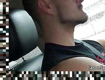 Amateur young gay jerking off his wood hard dick in the car