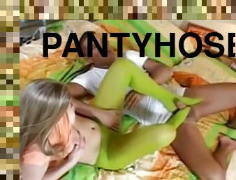 Green pantyhose footjob