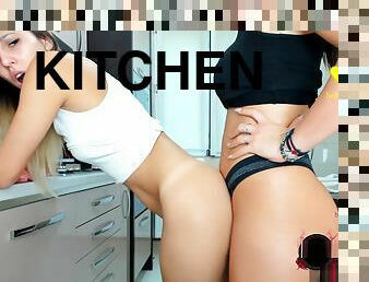 Sophy and Dasha playing kitchen, strapon lesbian sex