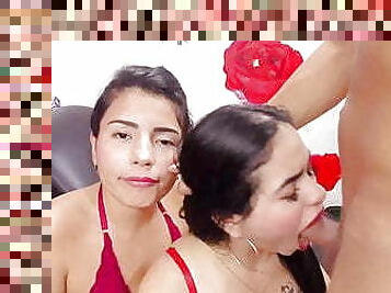 Two hot Latinas get throatfucked on cam by lucky cock