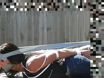 Duct Taped Hogtied gagged outdoor
