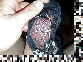 Playing with mom&#039;s black panties and sperm in her bedroom 