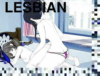 isot-tissit, takaapäin, orgasmi, remmidildo, lesbo-lesbian, anime, hentai