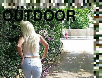 Big jugged blonde minx Lexi Ryder pissing outdoors
