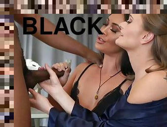 CFNM chicks jerk off big cock in interracial threesome