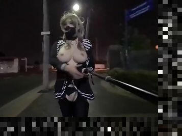 Sailor slut flashing at the train station (re-uploaded)