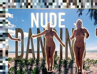 nudist, väljas, avalik, naine, amatöör, rannas, tantsimine, ekshibitsionism