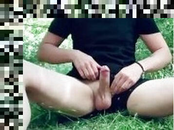 mastubasi, umum, cumshot-keluarnya-sperma, homo, kaki, eropa, mata-uang-euro, seorang-diri, hutan, homoseks