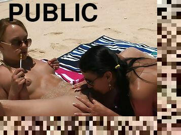 nudist, zunaj, javno, lezbijka, plaža, fukanje, rjavolaske