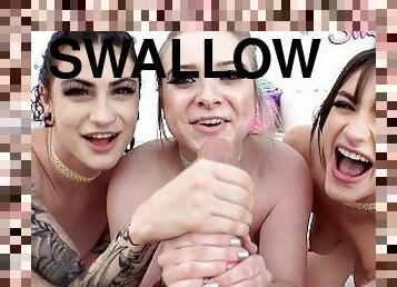 SWALLOWED Insane triple BJ with Mila Taylor, Lydia Black and Kaiia Eve