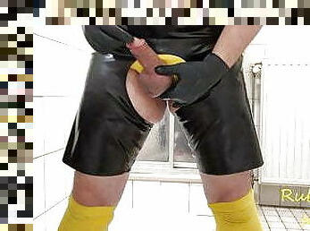 Rubber Slave stuffing his worthless cock 3v4