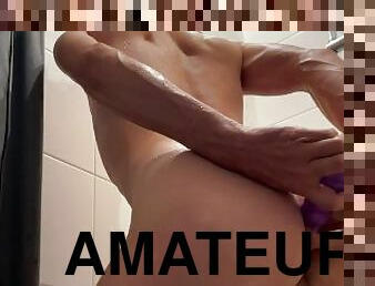 Young guy masturbates in shower with purple dildo in his ass (moaning)
