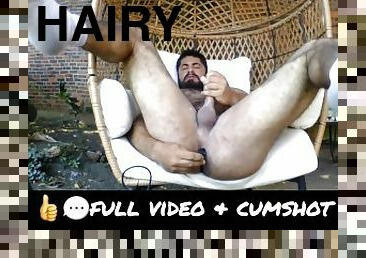 Hot Hairy Muscle Daddy Dildoing Asshole and Jerking Off Outdoors Backyard