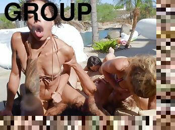 Group of insatiable young bitches having fun by the pool