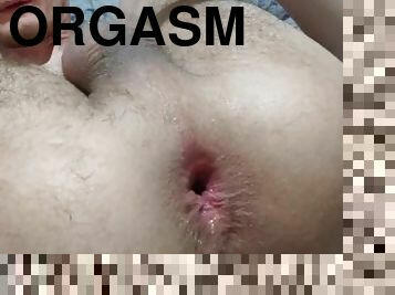 Very horny teen fingers his tight ass hole with wet fingers close up view