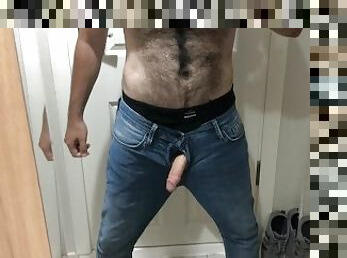 Very hairy guy cock coming out of jeans