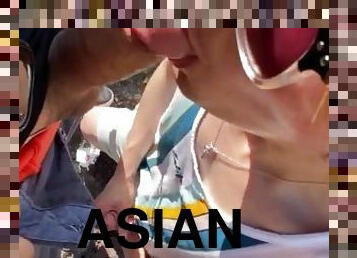 asiático, masturbação, na-rua, público, amador, chupanços, engolindo, ejaculação, branco