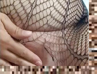 Horny Pregnant with Long Nipples Ripping Off Fishnets to Touch her Meaty Pussy