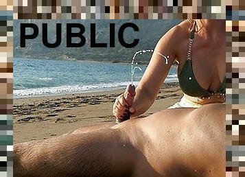 besar-huge, mastubasi, umum, amatir, cumshot-keluarnya-sperma, ibu, handjob-seks-dengan-tangan-wanita-pada-penis-laki-laki, pantai, sentakkan, bikini