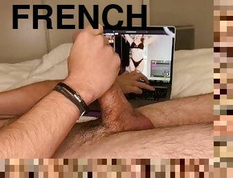 French guy with big Dick masturbating in front off his girlfriend making a striptease on webcam