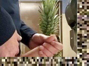 Take a pineapple at the grocery into the public restroom to masturbate and cum all over it