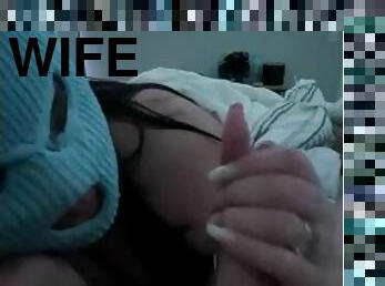 My roommate wife sucking my cock while he’s playing PlayStation in the other room