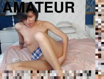 Super cute short hair girl learns to masturbate on webcam