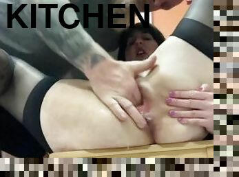 Mommy squirts and gushes over the kitchen floor