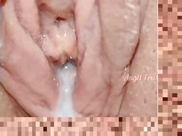 My teeny pink Pussy dripping creampie and pissing after sex  Ultra mega close up 60 Fps Full HD