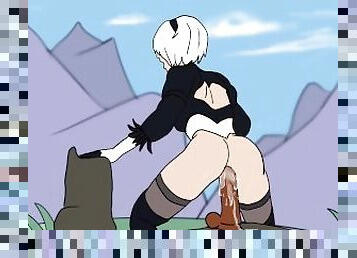 2D Huge BBC Dildo Anal on Mountain Top - Nier Automata Parody - Outdoor Animated public Cartoon porn