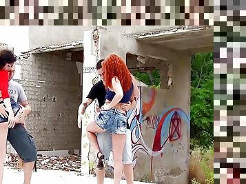 Two stunning German chicks pleasing two hard cocks outdoors