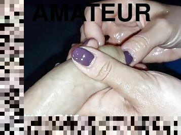 amatør, cumshot, stor-pikk, handjob, massasje, par, melk, brunette, pikk