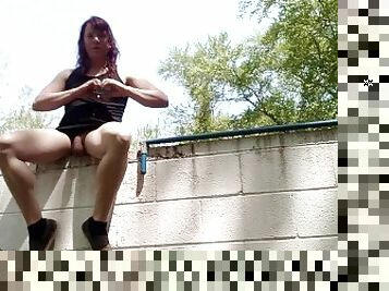 Tgirl super public piss from a wall