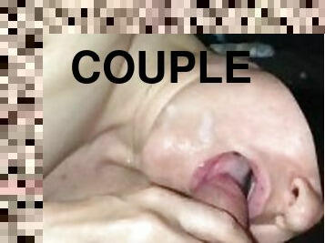 Cum Kissing Couple - Blowjob & Cum On Her Face Gets Licked Up And Shared