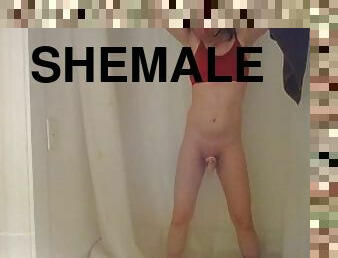 Femboy Tgirl Trans Shemale Chrissy Pisses in thru Cage in the Shower