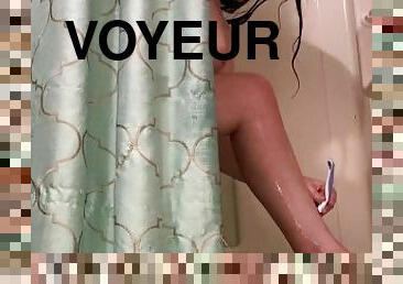 bañando, pezones, amateur, cámara, regordeta, espía, voyeur, regordeta-chubby, pies, primera-persona