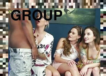 CFNM babes passionately suck and jerk stiff BBC in group