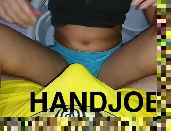 Handjob through underwear, tight boxers, cum on pants