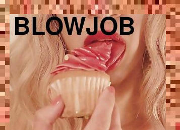Sexy Blonde Brazilian Practices Blowjob Tongue Teases On Cupcake Frosting Food Fetish Licks