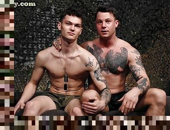 Tattooed military stud fucks bareback on duty after casting