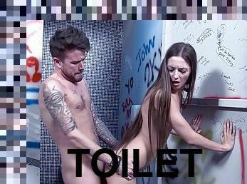Teen Leyla is sucking dick in the toilet