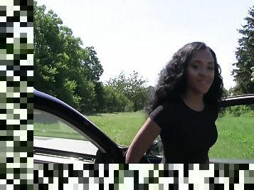 Ebony babe Noemilk sucks and fucks a white dude in his car for some bucks