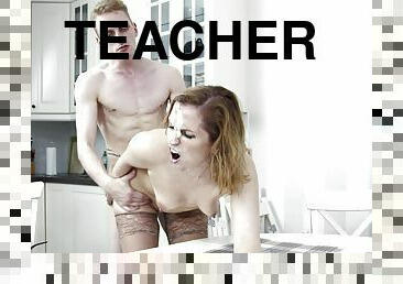 Young dude fucks his lusty teacher in the kitchen