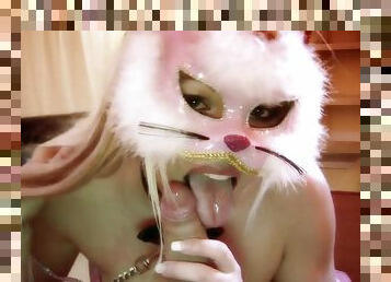 Hot sex video with blowjob. Hot chick in kitty mask makes her man cum