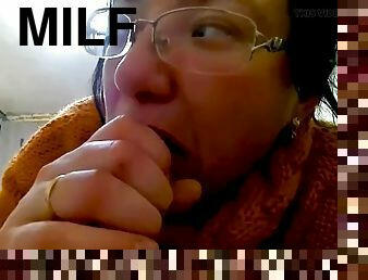 Young MILF with Glasses Sucks Cock and Swallows Cum