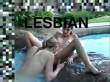 18 year old Chloe and her lesbian friend lick each others pussy at the falls