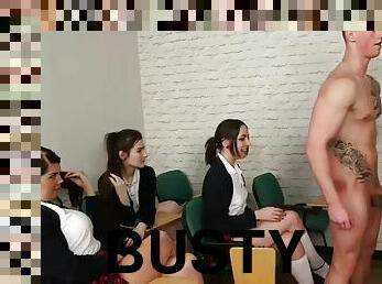 CFNM busty teacher teaches school sluts blowjob and handjob skills