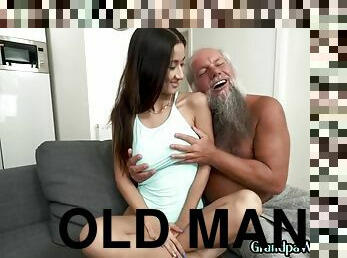 Old man gives a good sex session to a busty babe