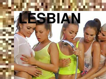 pesta-sex-berkumpulan, di-luar, lesbian, tegar, basah